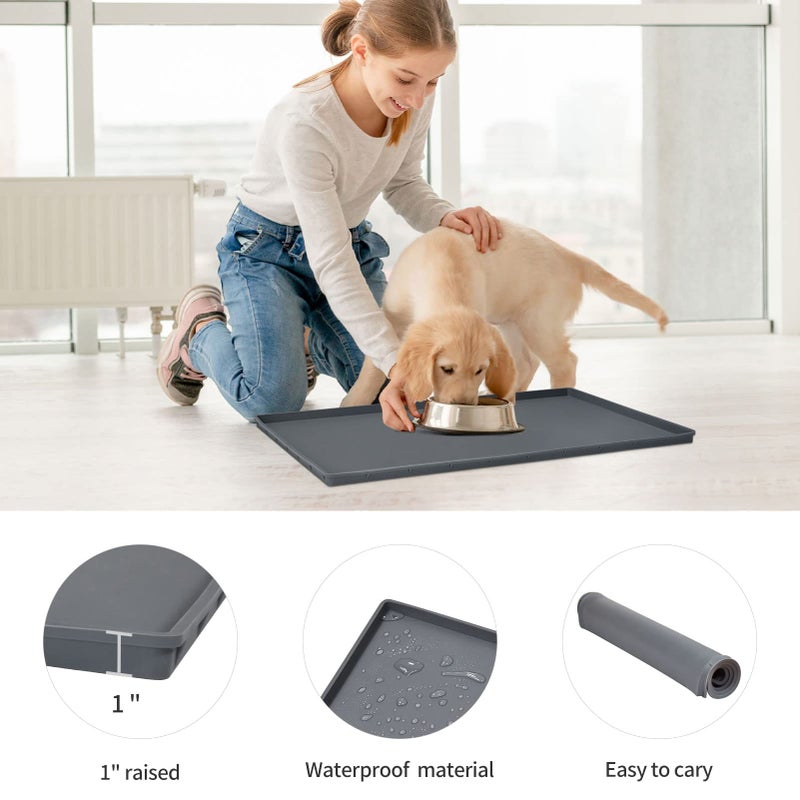 EIOKIT Dog Food Mat,Silicone Waterproof Food Tray,Non Slip Pet Bowl Mats Placemat,1" Raised Edge,Suitable for Most Small and Medium Sized Pets,32" x 24" - Image 2